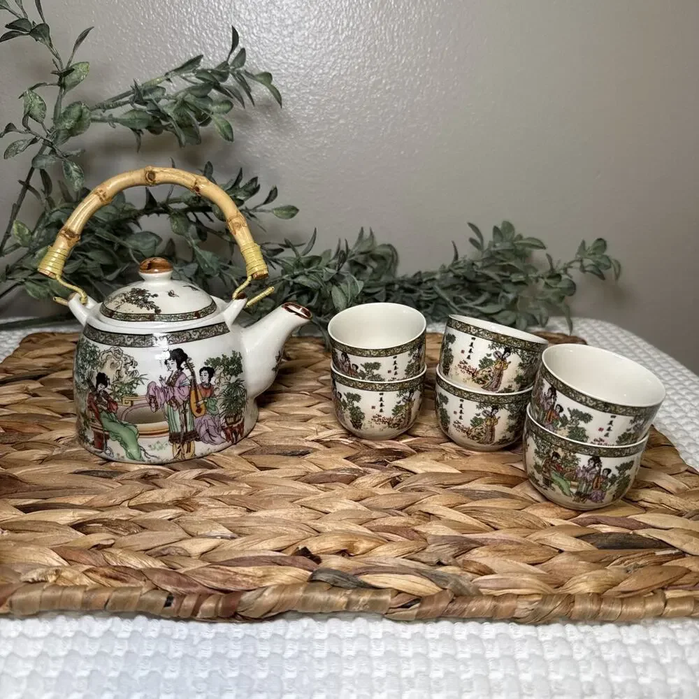 Chinese Famille Rose Porcelain Tea Set Teapot 6 Cups Bamboo Handle Vintage